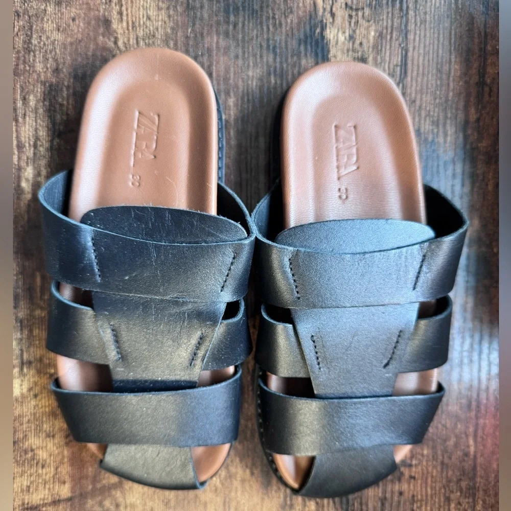 Zara Boys Black Strappy Leather Fisherman Slide Sandals Size 30